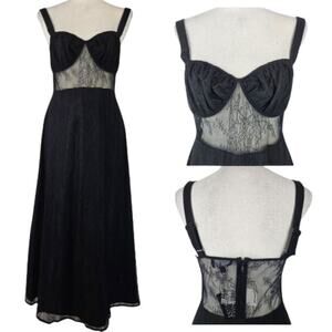 NWT Danielle Bernstein Black Lace Overlay Sheer Cut Out Waistline Midi Dress M